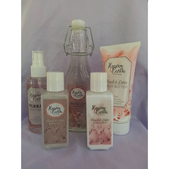 Heaven & Earth Peach & Lotus Body Care Set Mist Shower Gel Lotion Bubble Bath - Picture 1 of 2
